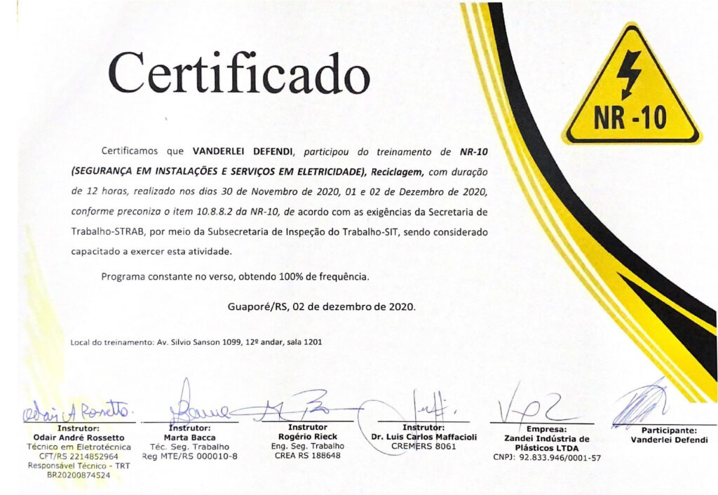 Certificado NR10 2020 dados